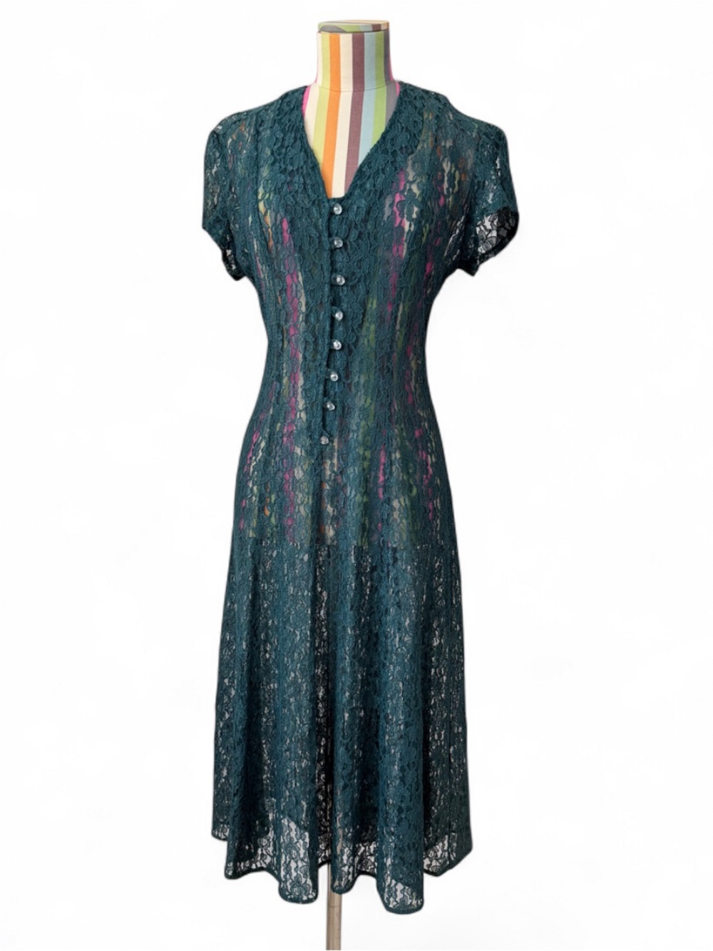 Vintage Witchy Sheer Lace Short Sleeve Corset Back Midi Maxi Dress Buttons